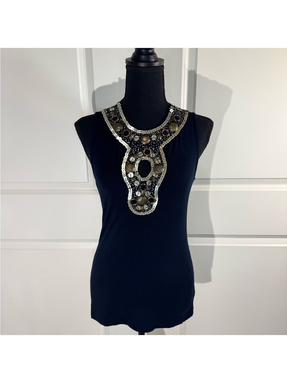 Cache Black Top with Bib Collar  Metallic Accents and Sequins Small - Picture 2 of 9